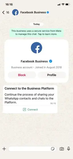 Meta sends a WhatsApp prompt