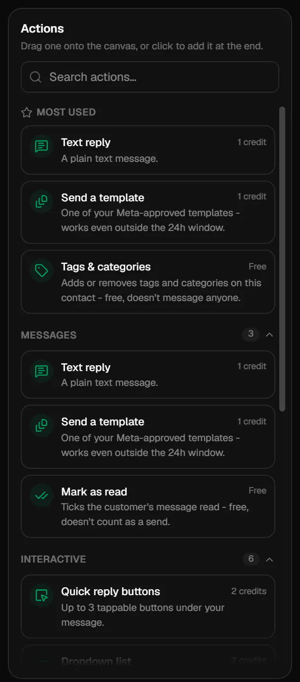 The builder's Actions panel: a search box, Most used, and the Messages and Interactive groups, each action with its credit cost or Free