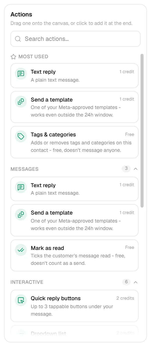 The builder's Actions panel: a search box, Most used, and the Messages and Interactive groups, each action with its credit cost or Free