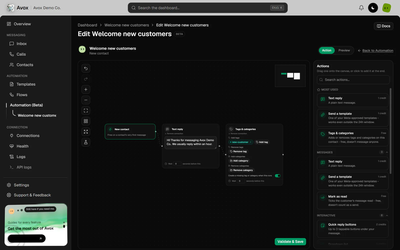 A New contact automation on the canvas: the green trigger box joined to Text reply and Tags & categories boxes, the toolbar, the minimap and the Actions panel