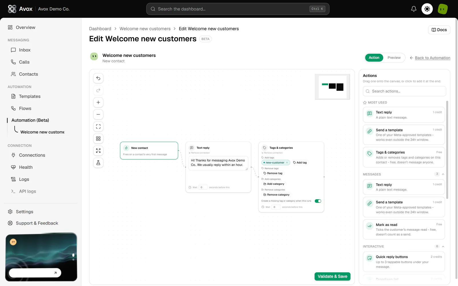 A New contact automation on the canvas: the green trigger box joined to Text reply and Tags & categories boxes, the toolbar, the minimap and the Actions panel