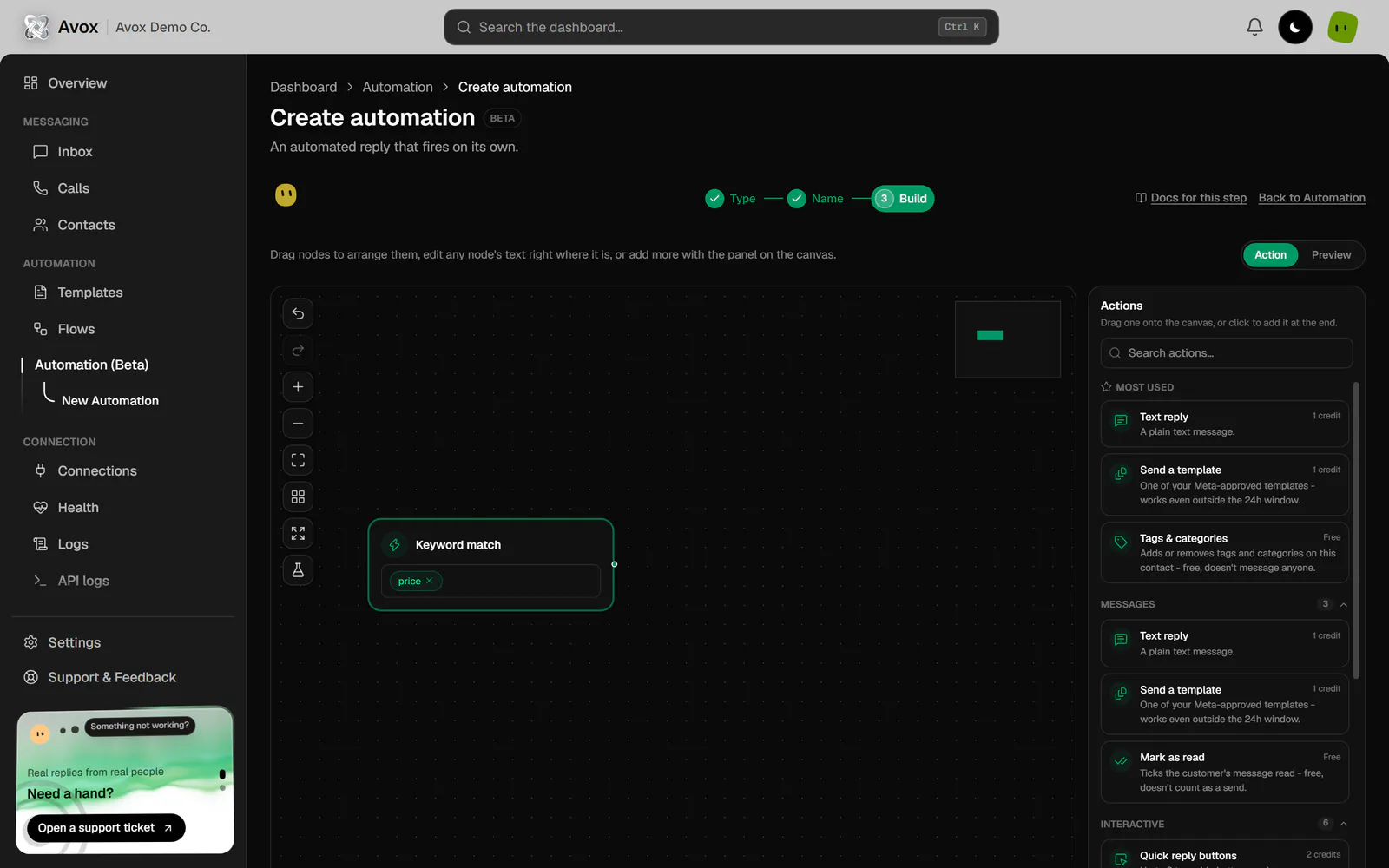 The Build step before any actions: the Keyword match trigger box with its keyword chip, the canvas toolbar, the Action and Preview tabs, and the Actions panel