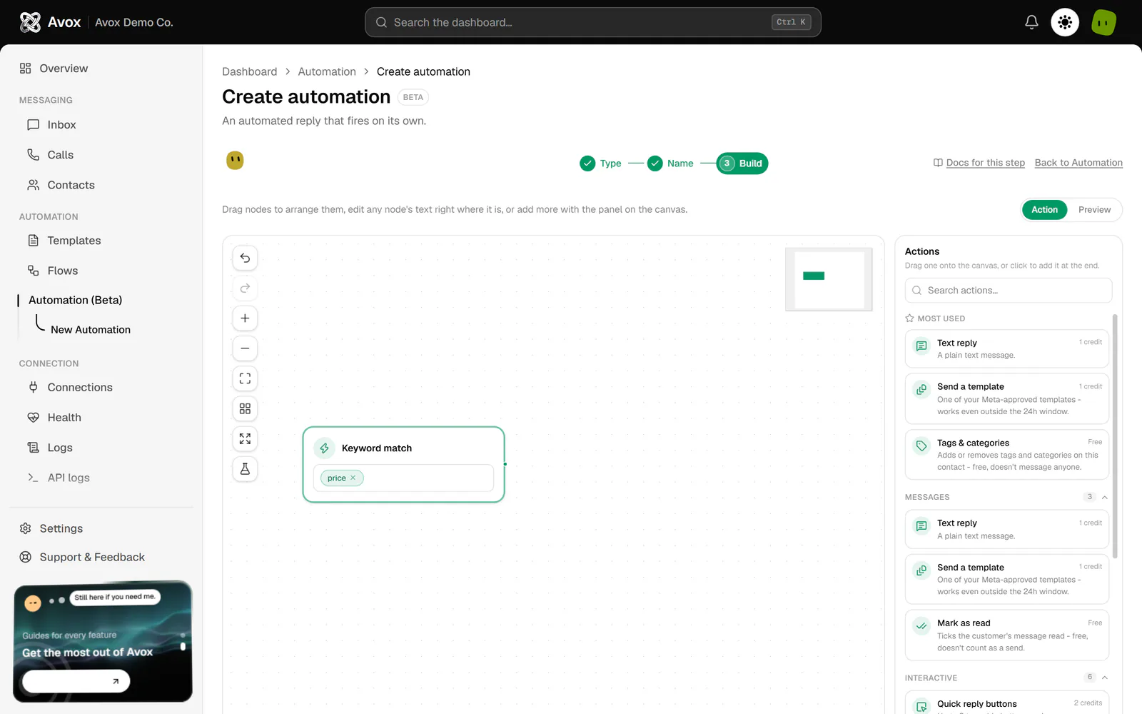 The Build step before any actions: the Keyword match trigger box with its keyword chip, the canvas toolbar, the Action and Preview tabs, and the Actions panel