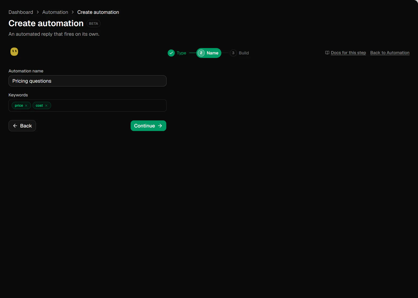 Step 2 of the Create automation wizard: the Automation name Pricing questions and the Keywords field with price and cost chips