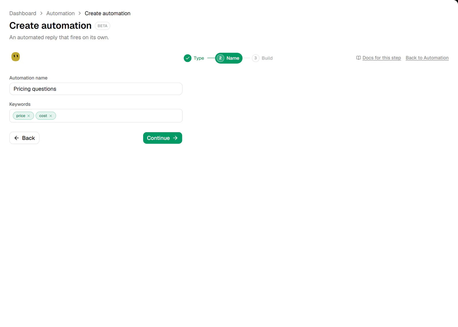 Step 2 of the Create automation wizard: the Automation name Pricing questions and the Keywords field with price and cost chips