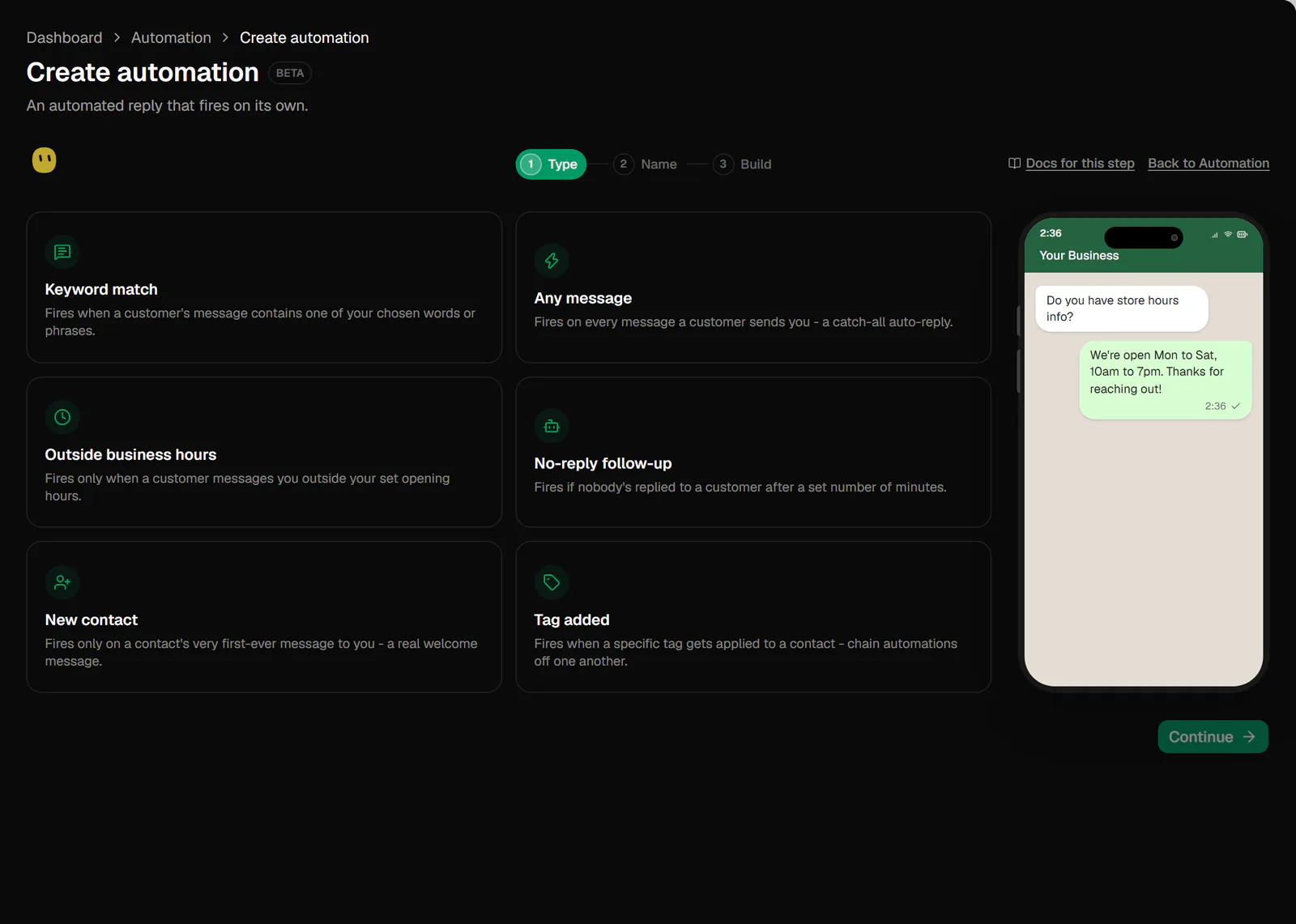 Step 1 of the Create automation wizard: six trigger cards in a grid and a phone preview with an example message and reply