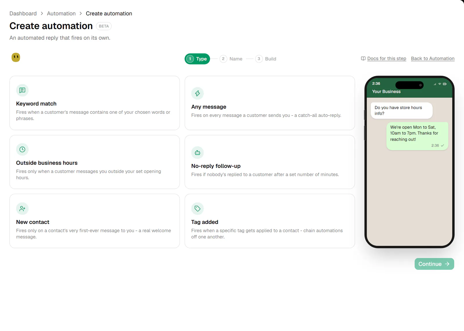 Step 1 of the Create automation wizard: six trigger cards in a grid and a phone preview with an example message and reply