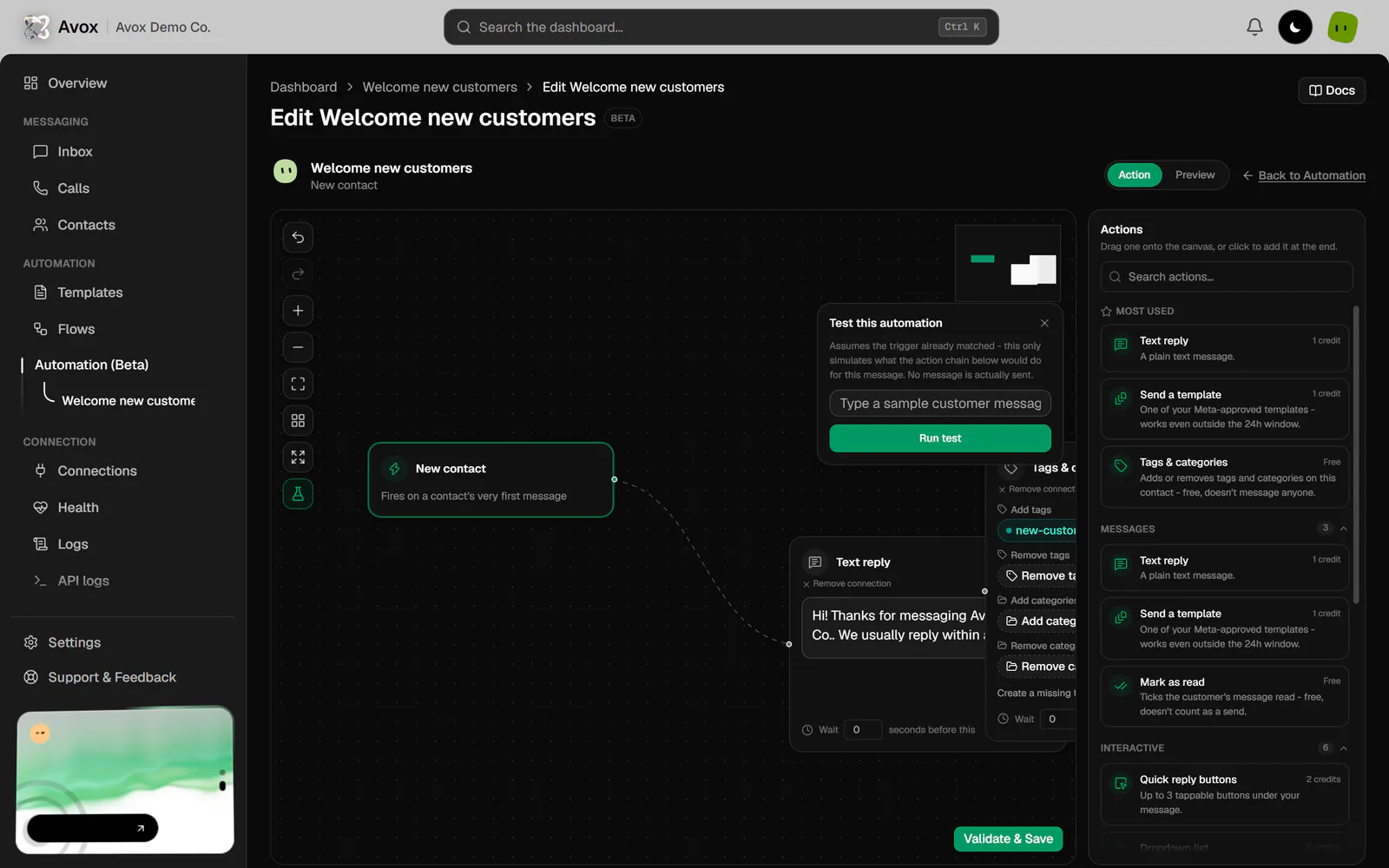 The Test this automation panel open on the canvas, with its explanation, a sample message box and the Run test button