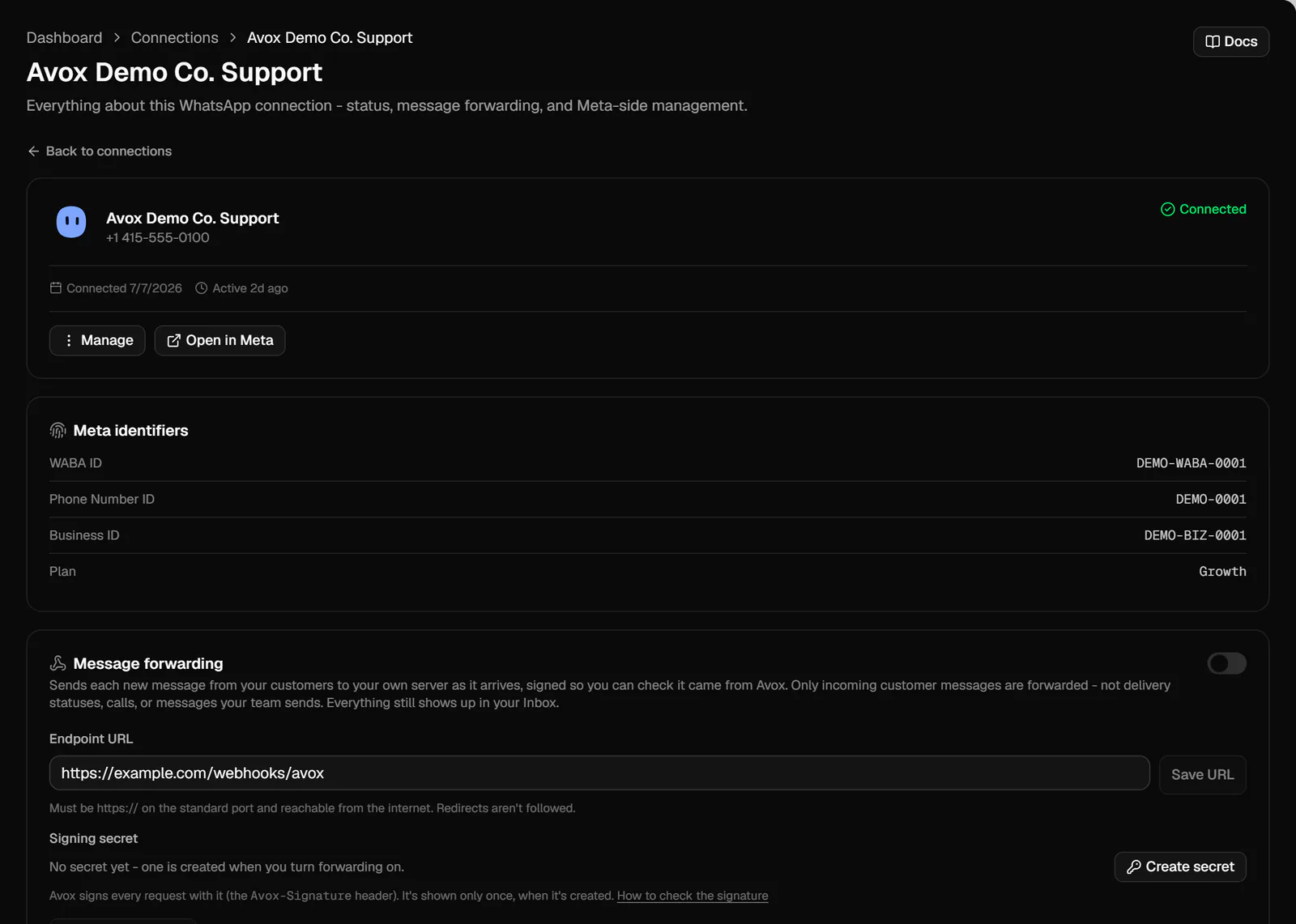 A connection's own page: the summary with Manage and Open in Meta, Meta identifiers, and the Message forwarding section with its switch, Endpoint URL, Save URL and Create secret.