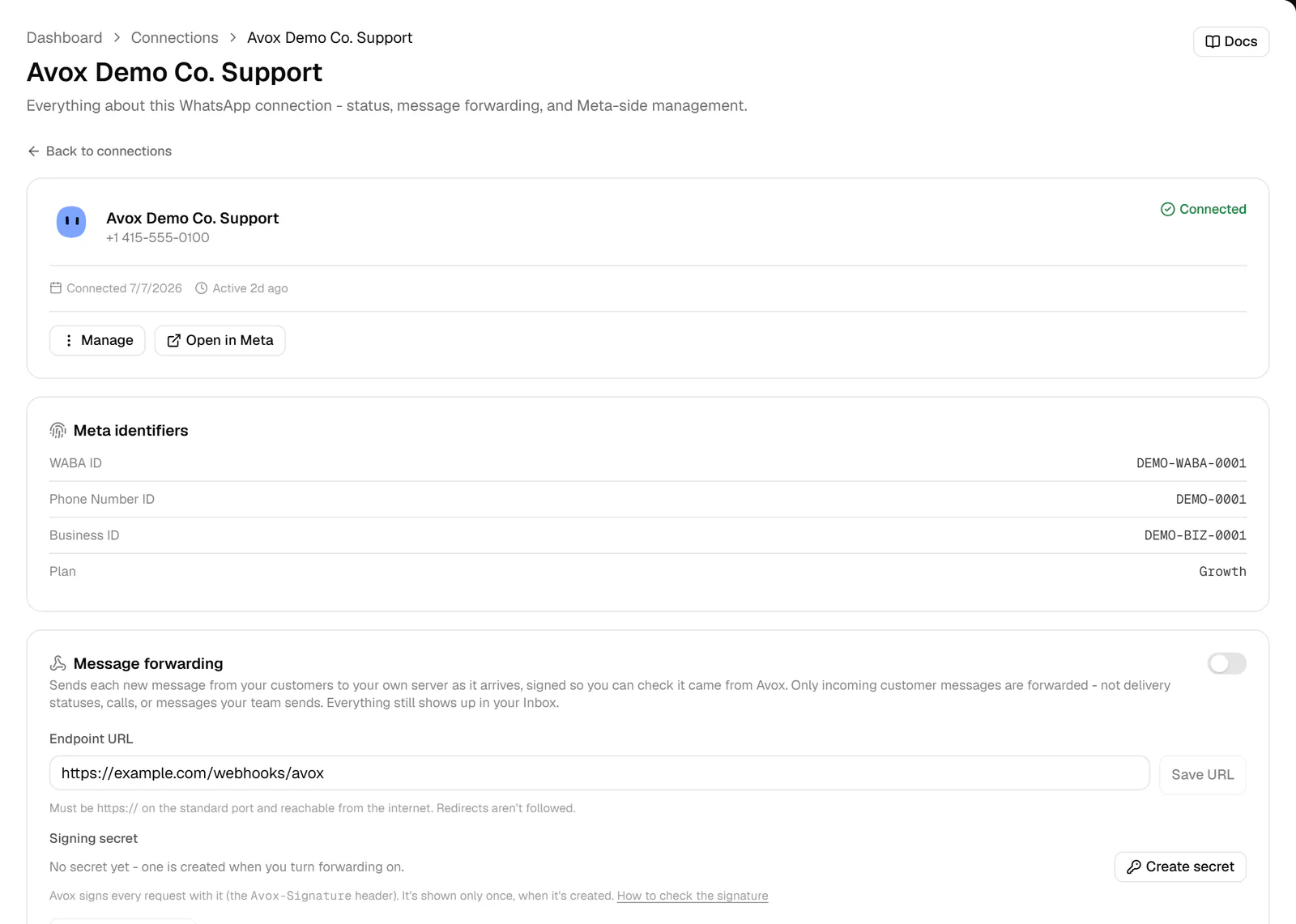 A connection's own page: the summary with Manage and Open in Meta, Meta identifiers, and the Message forwarding section with its switch, Endpoint URL, Save URL and Create secret.