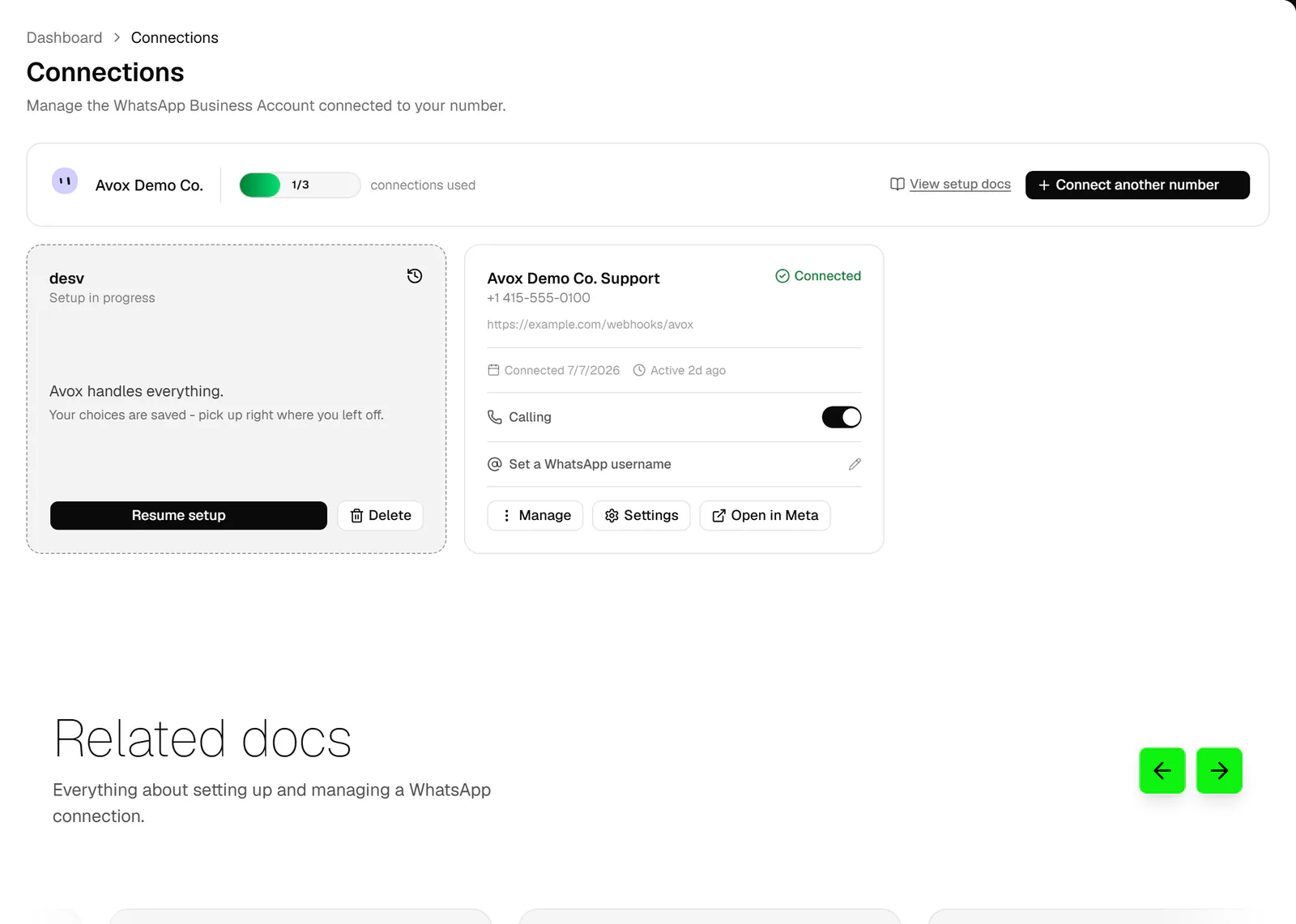 The Connections page with a connected number card showing its status, Calling switch, WhatsApp username and Settings button