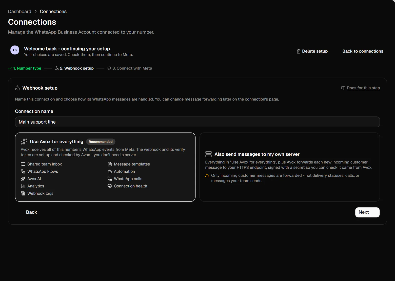 Step 2 of the connection setup wizard: the Connection name field and the Use Avox for everything and Also send messages to my own server options