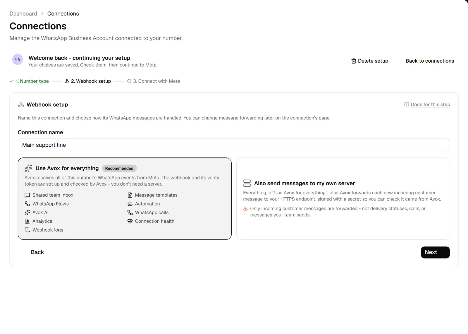 Step 2 of the connection setup wizard: the Connection name field and the Use Avox for everything and Also send messages to my own server options