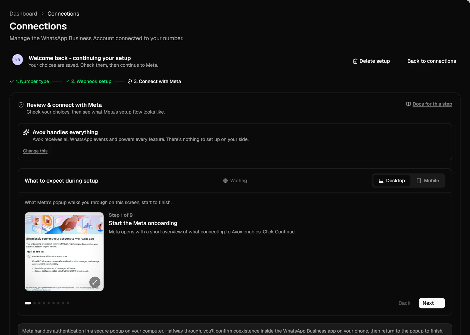 The Review and connect with Meta step: the setup summary, the What to expect during setup walkthrough with Desktop and Mobile tabs, and the Continue to Meta button