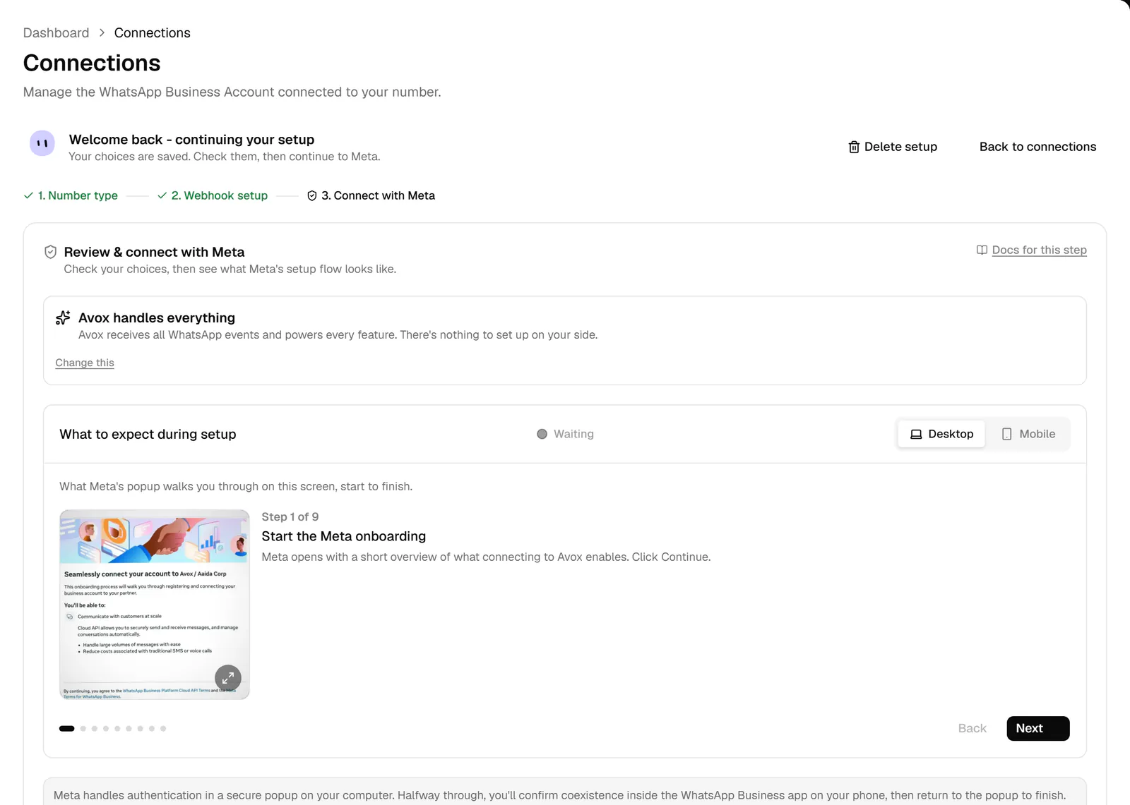 The Review and connect with Meta step: the setup summary, the What to expect during setup walkthrough with Desktop and Mobile tabs, and the Continue to Meta button