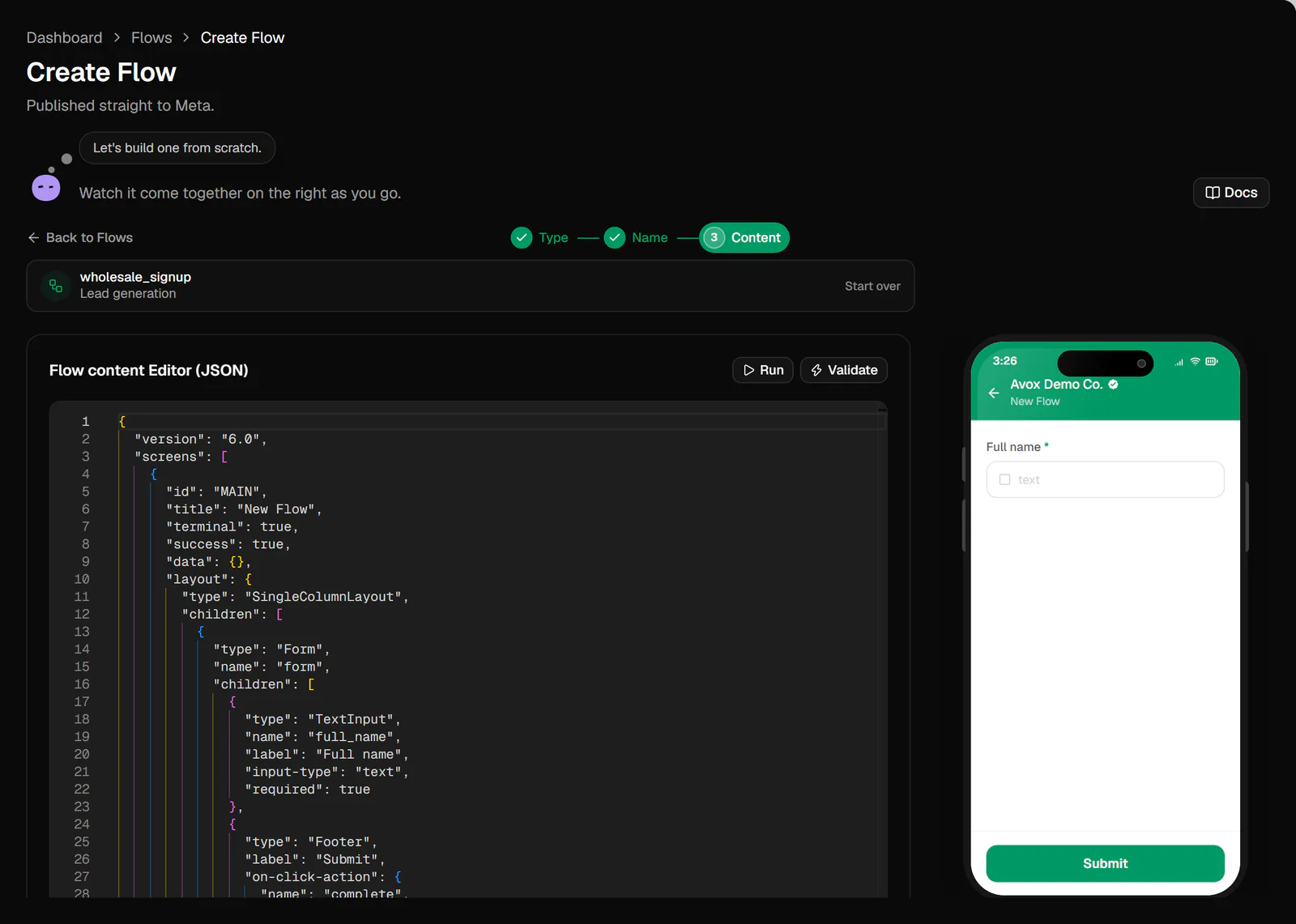 Step 3 of the Create Flow wizard: the Flow content Editor (JSON) with Run and Validate, the Errors, Actions and Endpoint buttons, and the phone preview