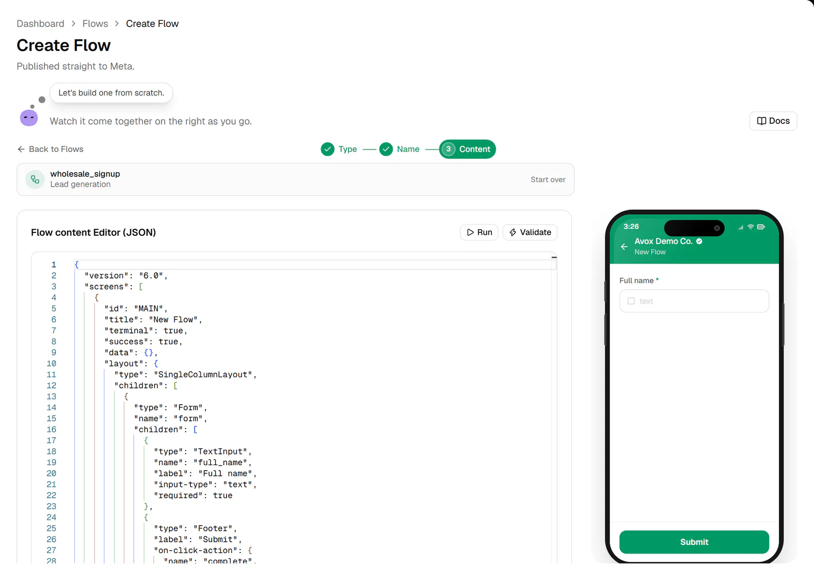 Step 3 of the Create Flow wizard: the Flow content Editor (JSON) with Run and Validate, the Errors, Actions and Endpoint buttons, and the phone preview