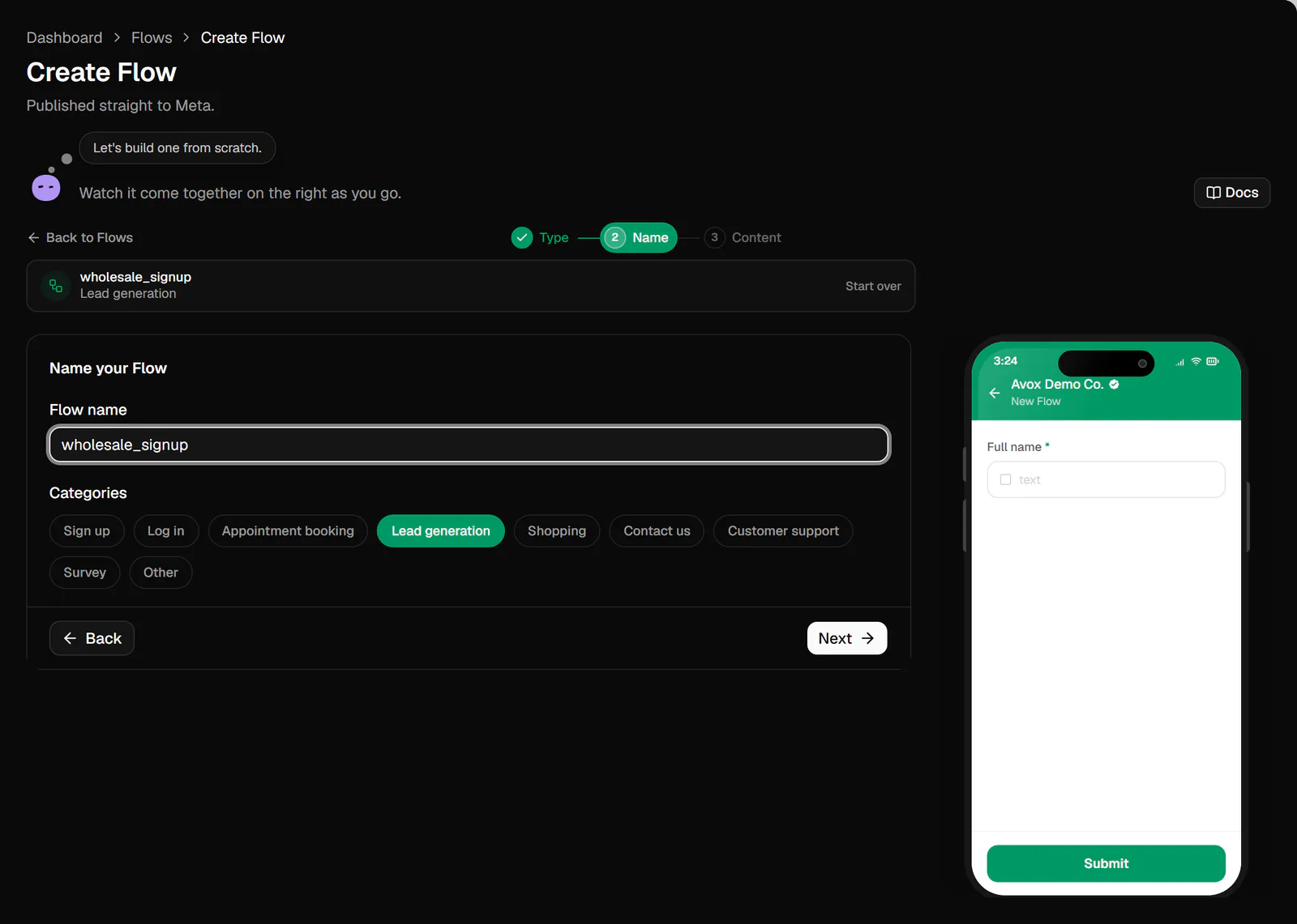 Step 2 of the Create Flow wizard: the Name your Flow section with the Flow name field and the Categories chips