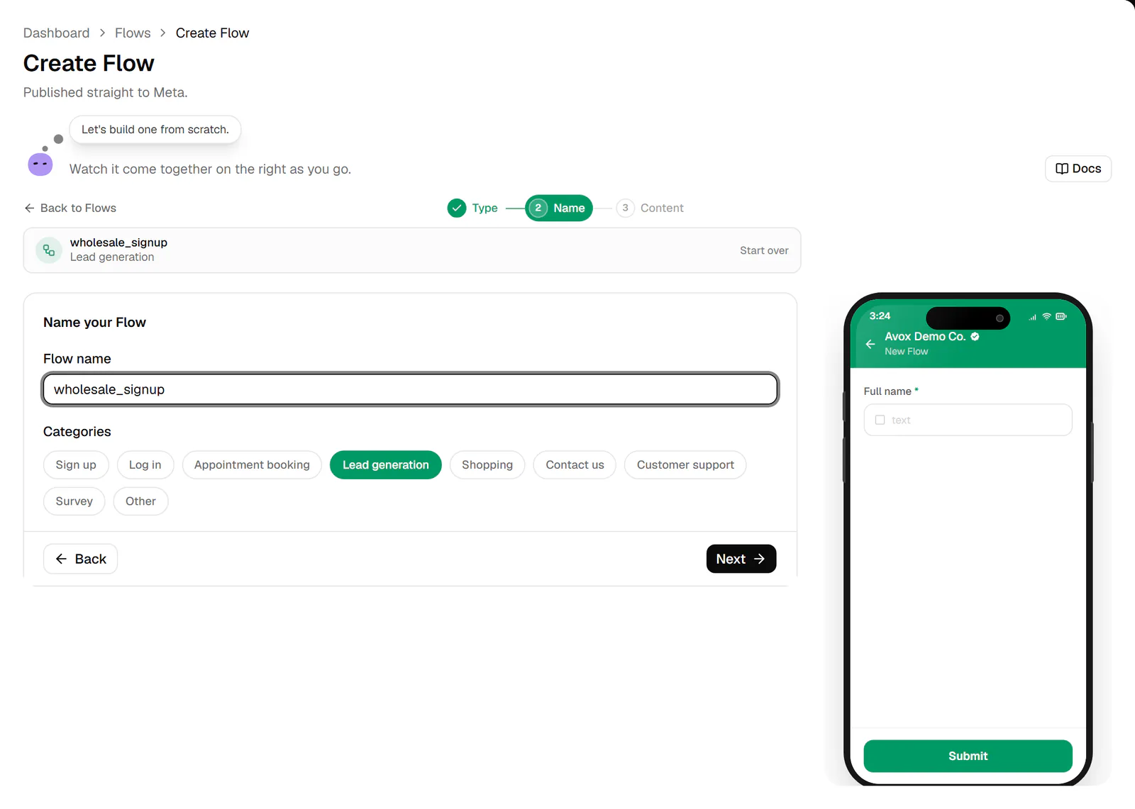 Step 2 of the Create Flow wizard: the Name your Flow section with the Flow name field and the Categories chips