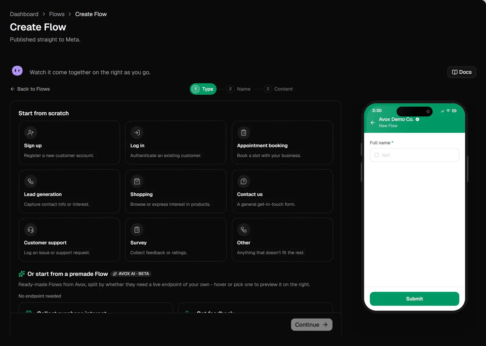 Step 1 of the Create Flow wizard: nine Start from scratch category cards, the start of the premade Flows, and a phone preview of the starter form