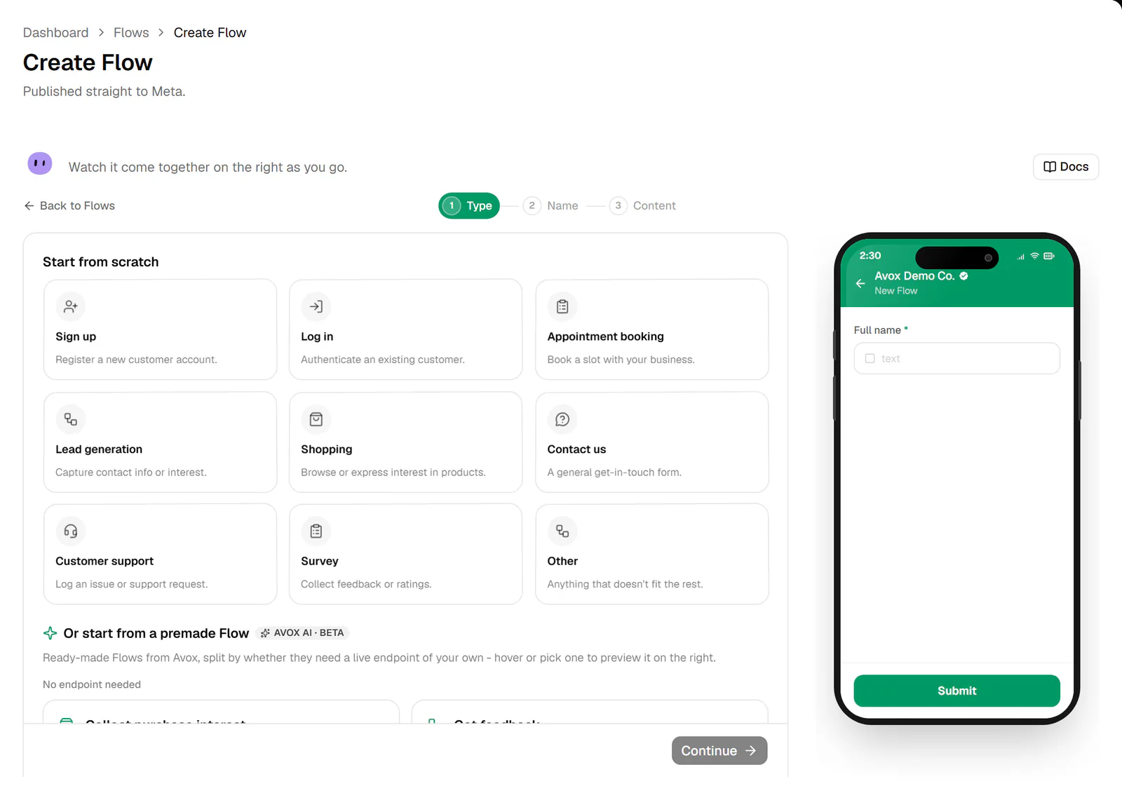 Step 1 of the Create Flow wizard: nine Start from scratch category cards, the start of the premade Flows, and a phone preview of the starter form