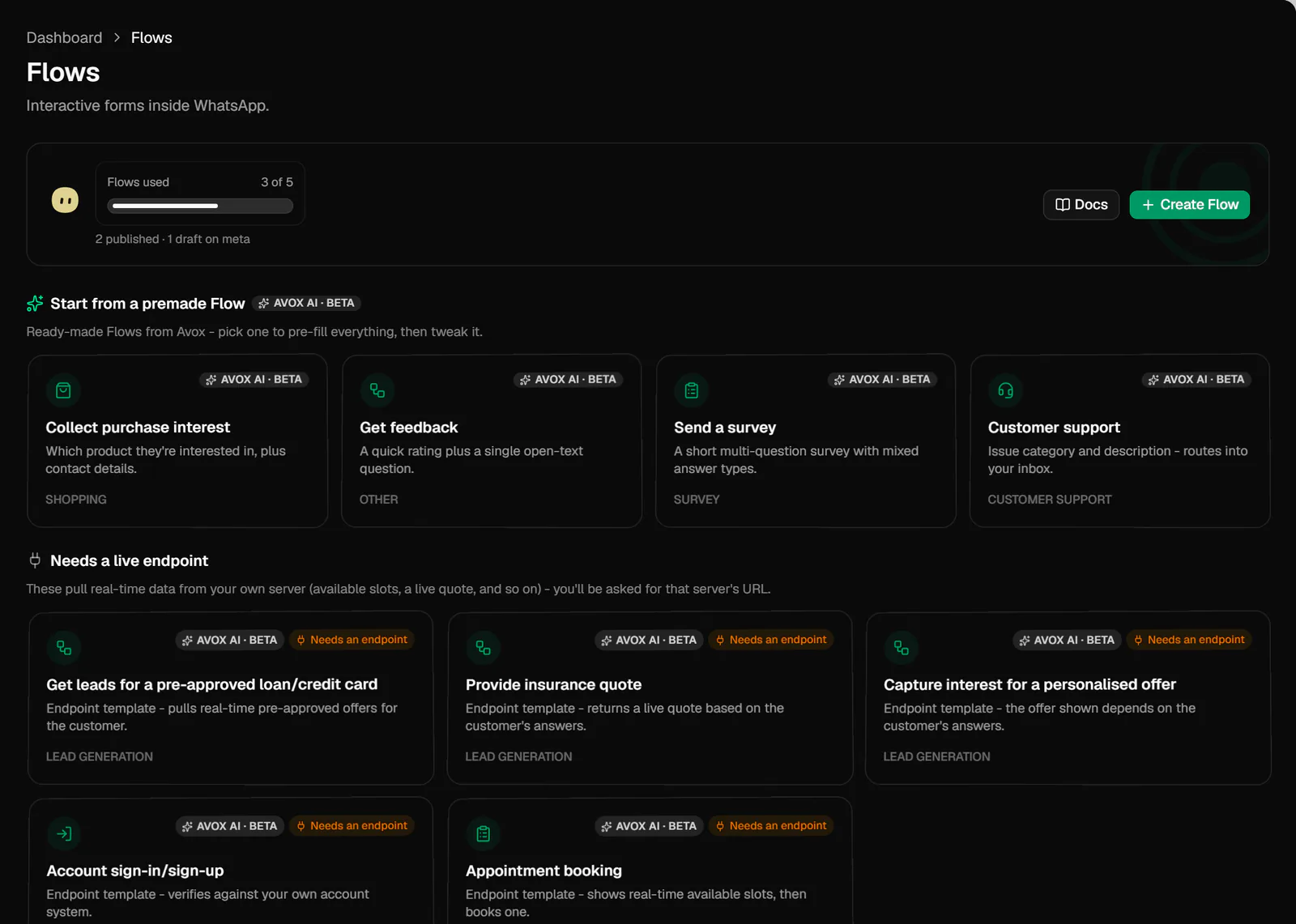 The Flows page: the Flows used meter, the Docs and Create Flow buttons, the Start from a premade Flow cards and the Needs a live endpoint cards