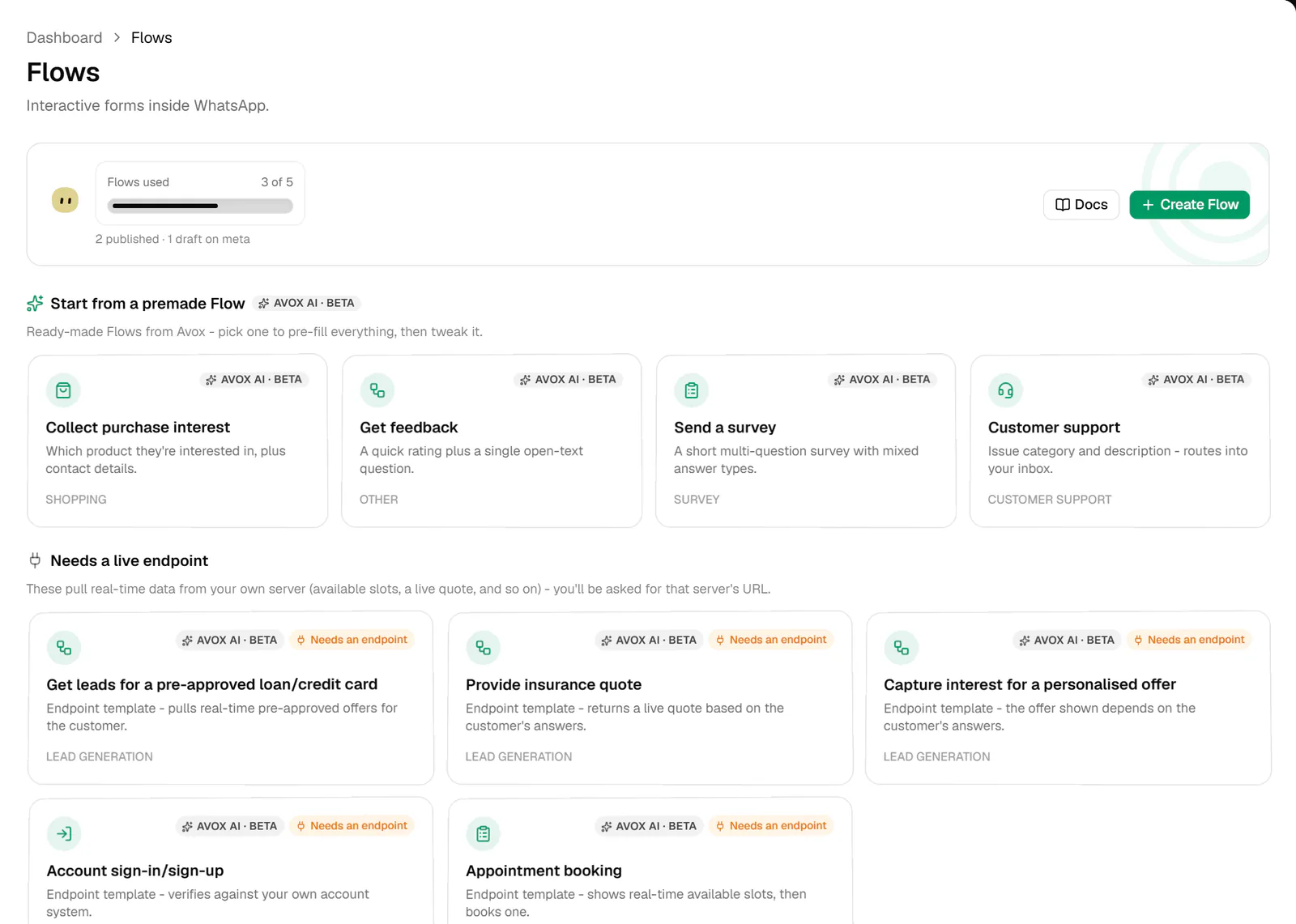 The Flows page: the Flows used meter, the Docs and Create Flow buttons, the Start from a premade Flow cards and the Needs a live endpoint cards