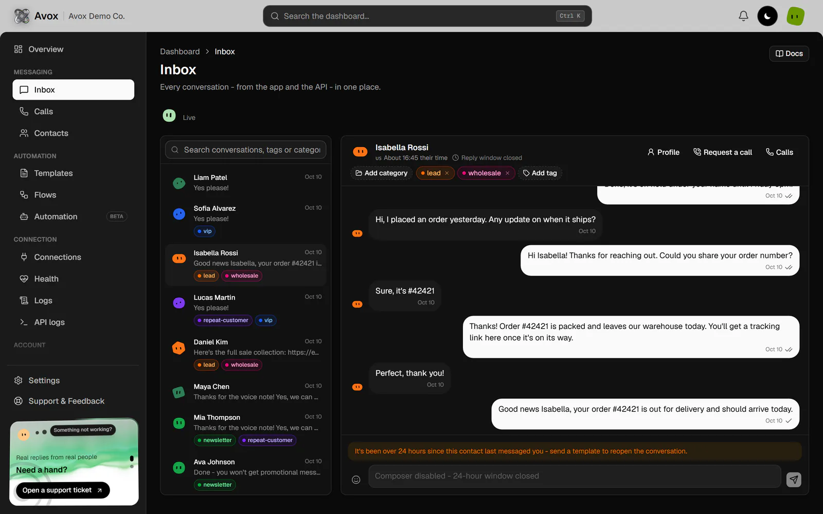 An Inbox conversation with Reply window closed in the header, the amber 24-hour notice above the composer, and the composer disabled