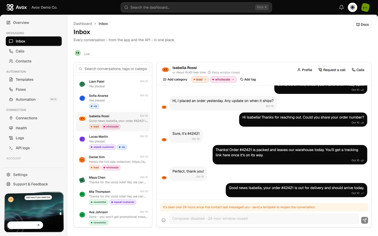 An Inbox conversation with Reply window closed in the header, the amber 24-hour notice above the composer, and the composer disabled