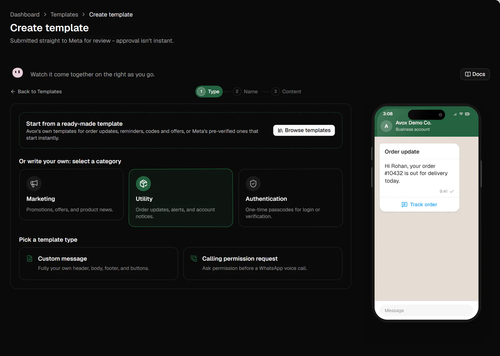 The Type step with the Utility category selected and the Pick a template type cards below it: Custom message and Calling permission request