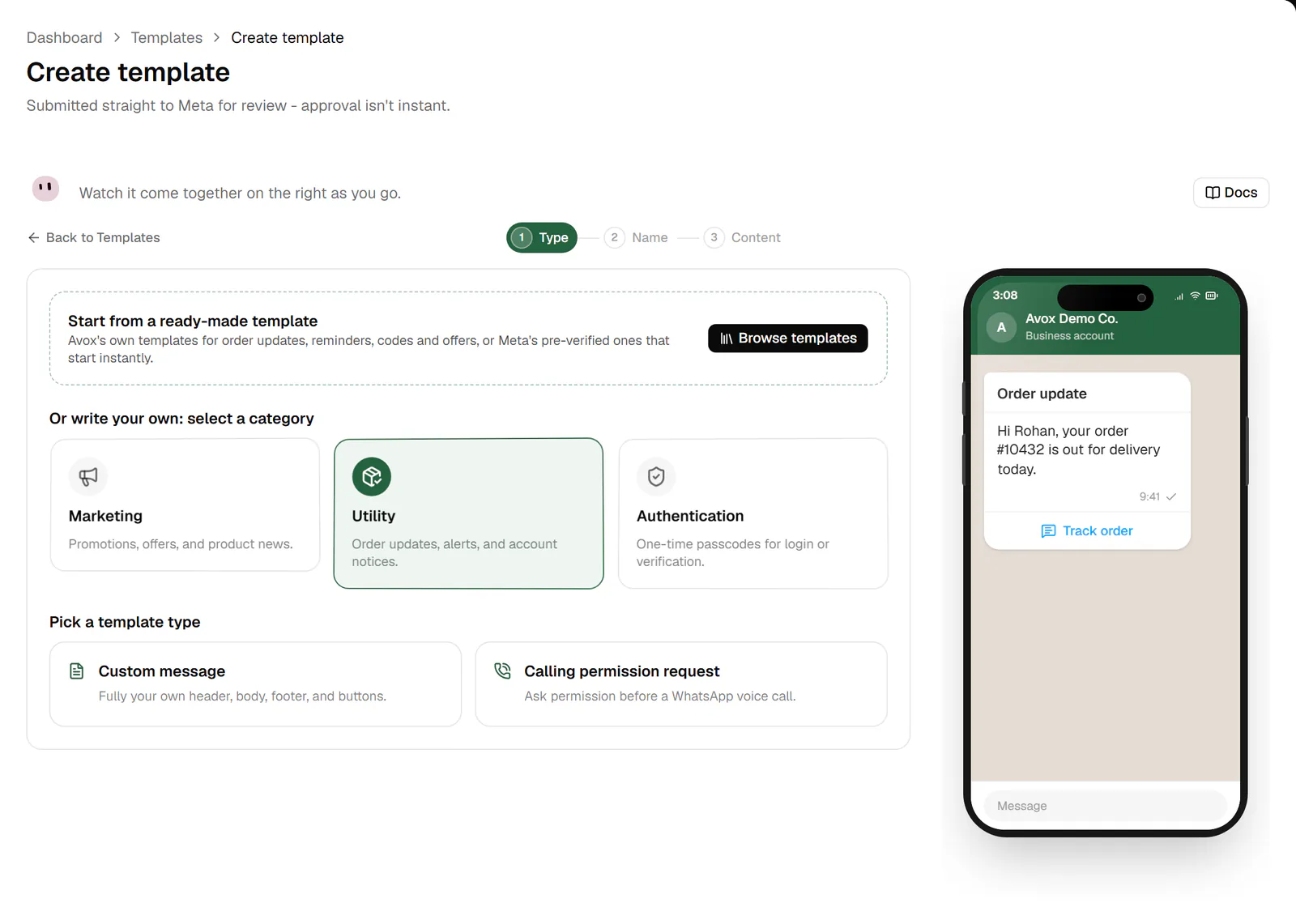 The Type step with the Utility category selected and the Pick a template type cards below it: Custom message and Calling permission request