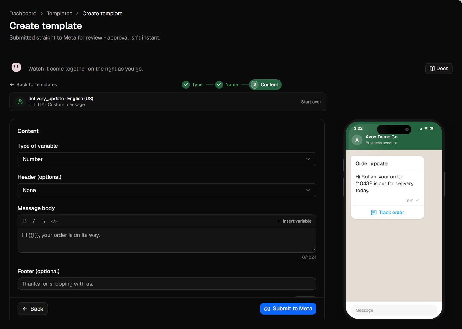 Step 3 of the Create template wizard: Type of variable, Header, Message body with example values, and the live phone preview