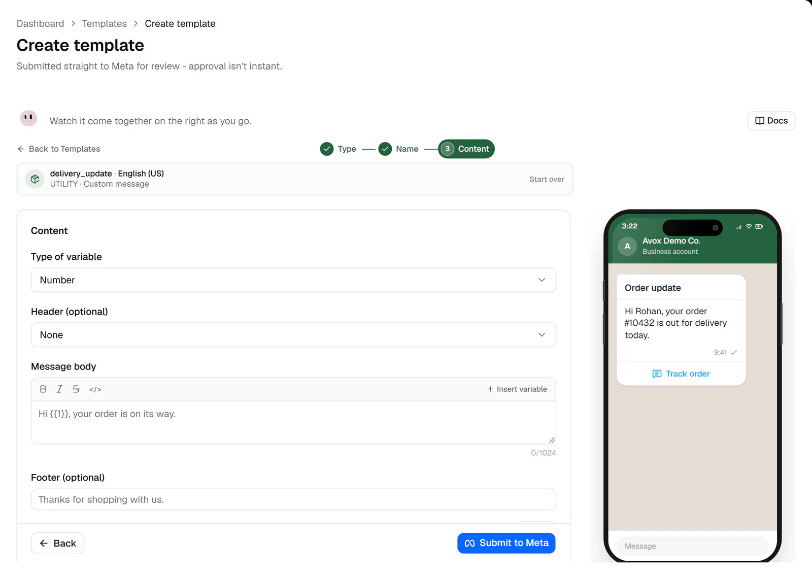 Step 3 of the Create template wizard: Type of variable, Header, Message body with example values, and the live phone preview