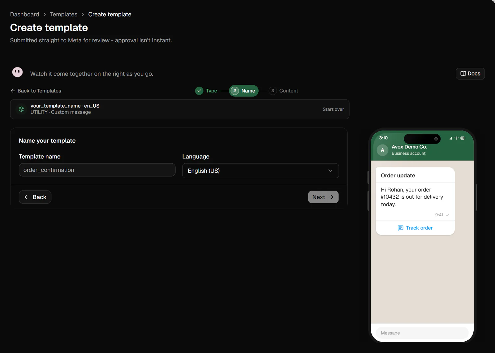 Step 2 of the Create template wizard: the Name your template section with the Template name field and the Language picker