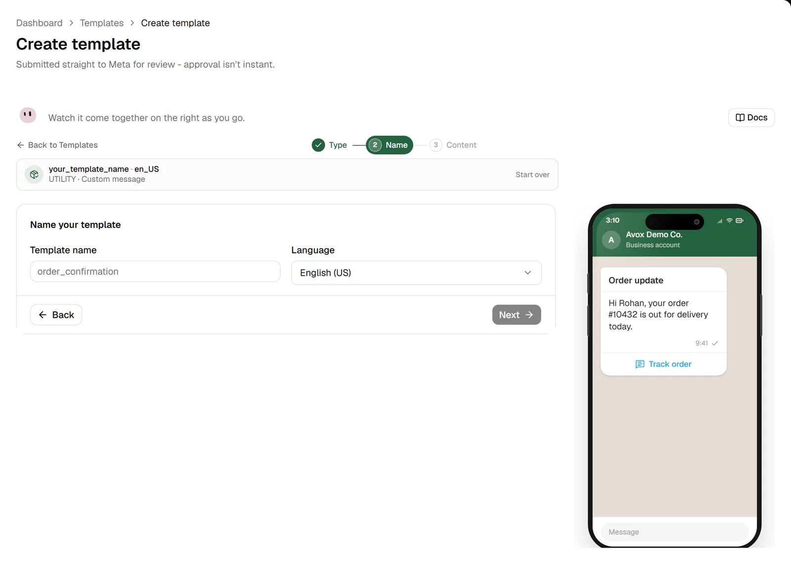 Step 2 of the Create template wizard: the Name your template section with the Template name field and the Language picker