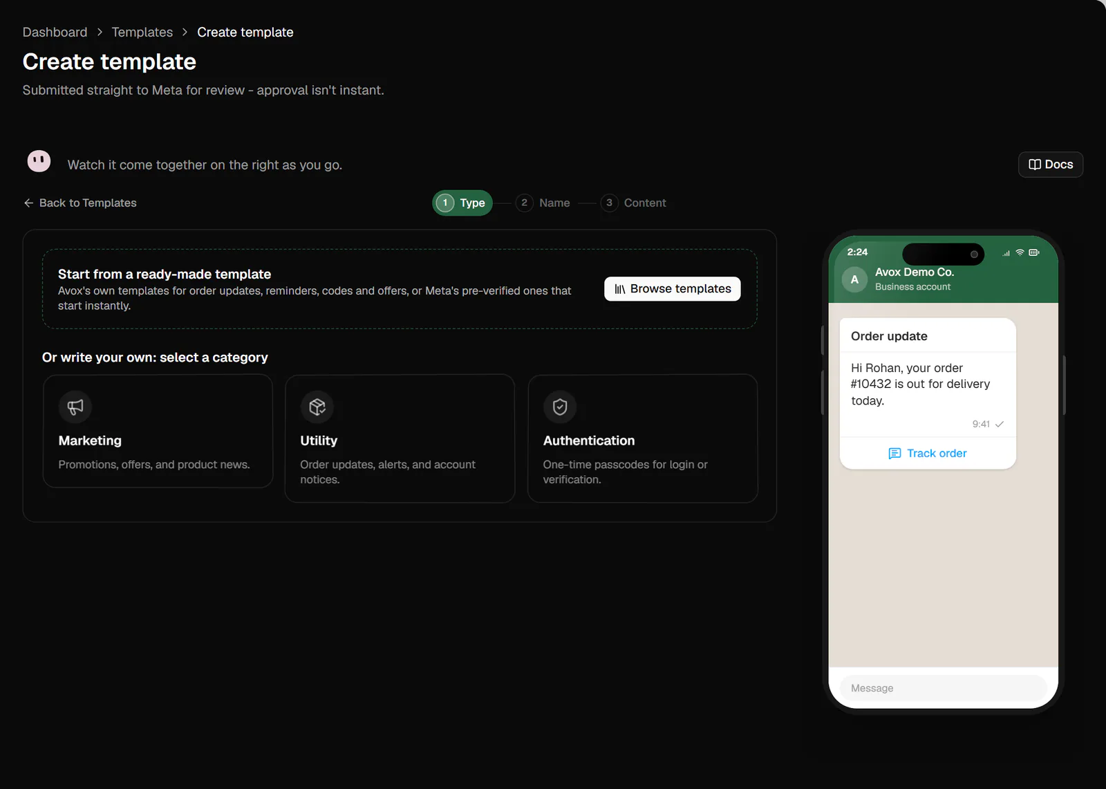 Create template step 1, Type: the Start from a ready-made template banner with Browse templates, the Marketing, Utility and Authentication tiles, and a phone preview on the right.
