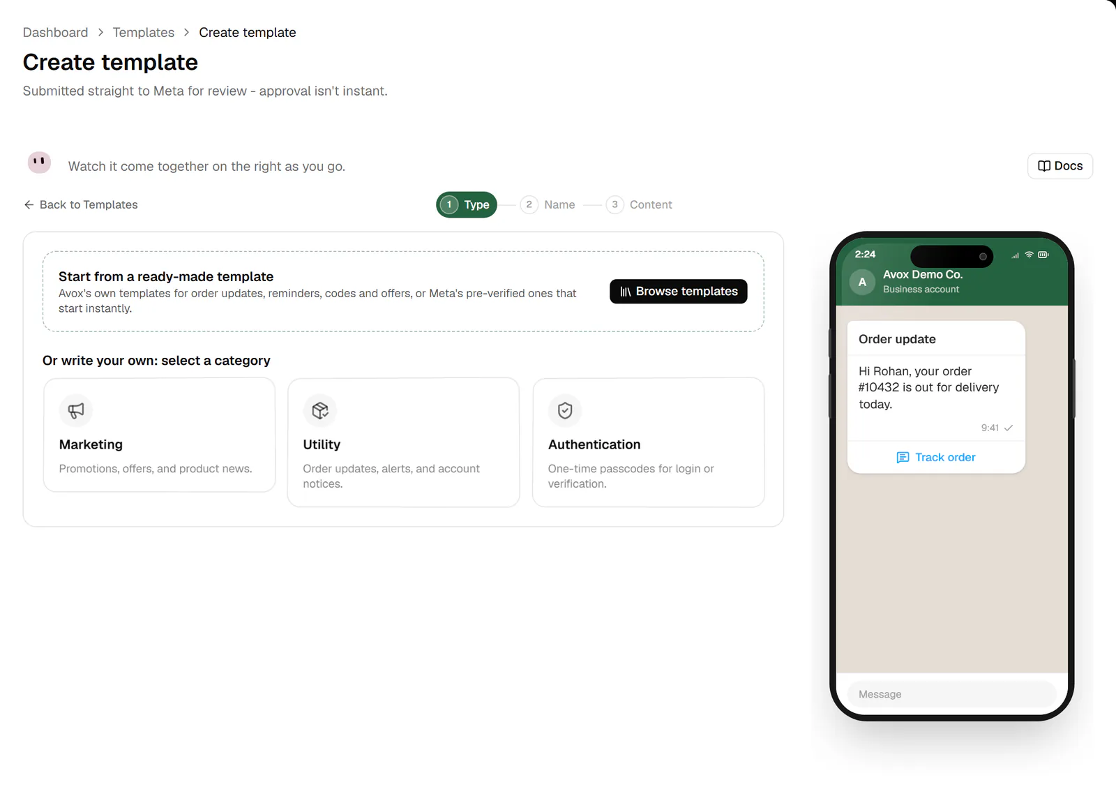 Create template step 1, Type: the Start from a ready-made template banner with Browse templates, the Marketing, Utility and Authentication tiles, and a phone preview on the right.