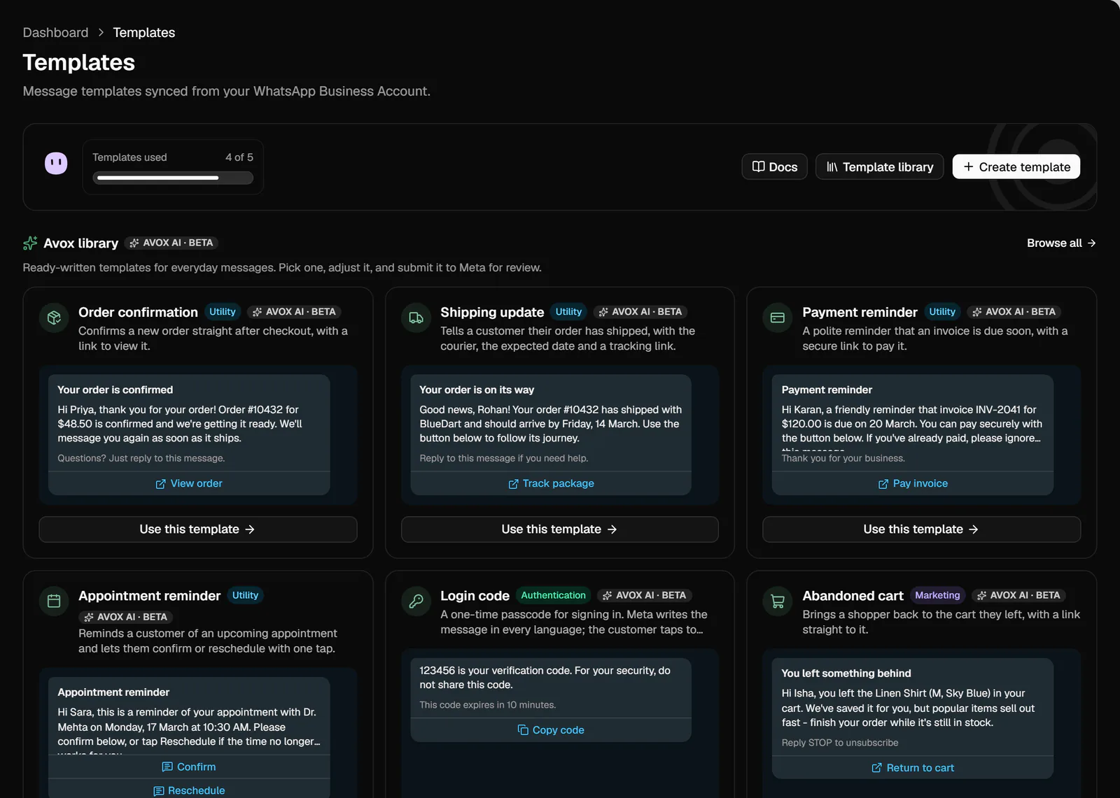 The Templates page: the Templates used bar with Docs, Template library and Create template, then Avox library cards, each with a message preview and Use this template.