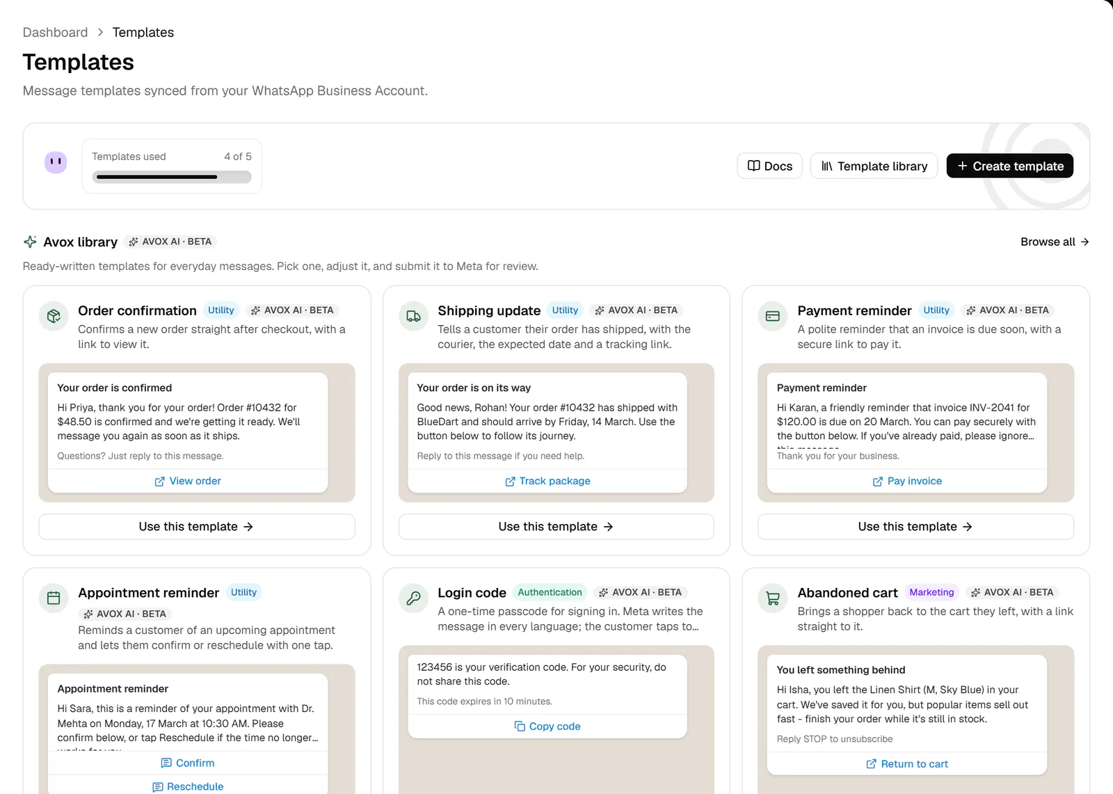 The Templates page: the Templates used bar with Docs, Template library and Create template, then Avox library cards, each with a message preview and Use this template.